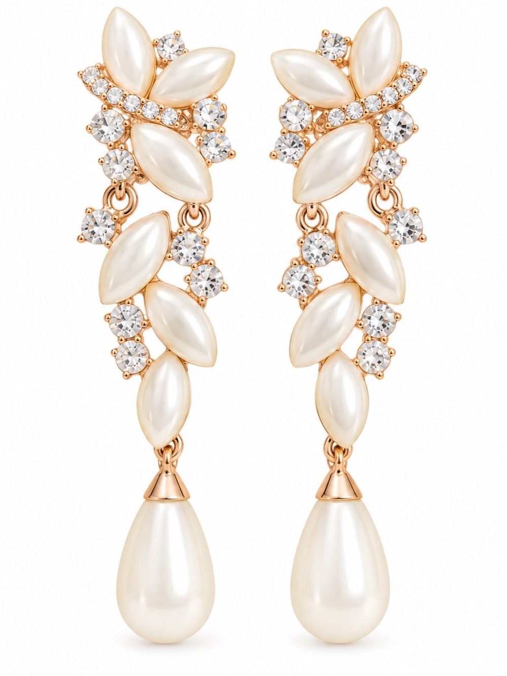Pearl Drop Earrings Gold-Tone Cream with Crystal Accents vintage